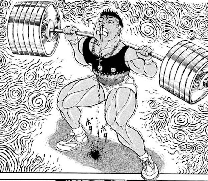 鼻血を噴き出しながら300キログラムのバーベルスクワットを複数回行う花田純一
